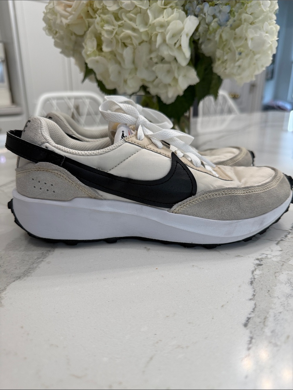 Nike Waffle Debut Sneaker in White, Black Beige | Size 7